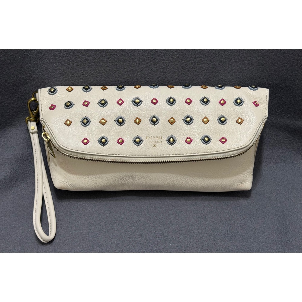 Fossil Issue No. 1954 Cream Leather Studded Foldover Wristlet Clutch Bag